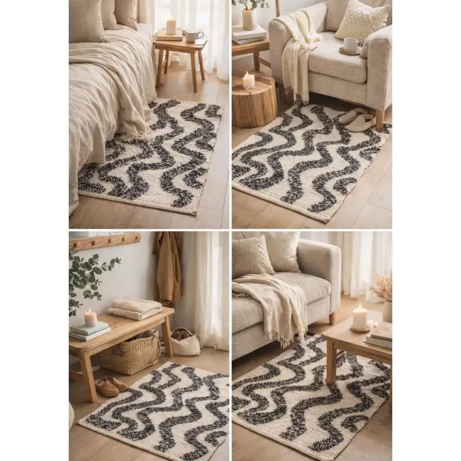 Rechthoekig katoenen tapijt met beige en zwarte motieven 60 x 90 cm
