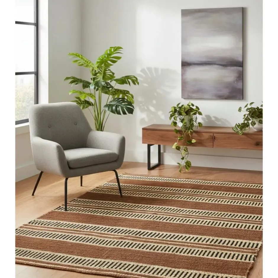 Rechthoekig katoenen tapijt met bruine en ecru motieven 90 x 60 cm