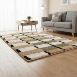 Rechthoekig katoenen tapijt met bruine en ecru motieven 90 x 60 cm