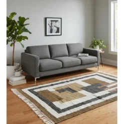 Rechthoekig katoenen tapijt met bruine en ecru motieven 90 x 60 cm
