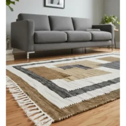 Rechthoekig katoenen tapijt met bruine en ecru motieven 90 x 60 cm