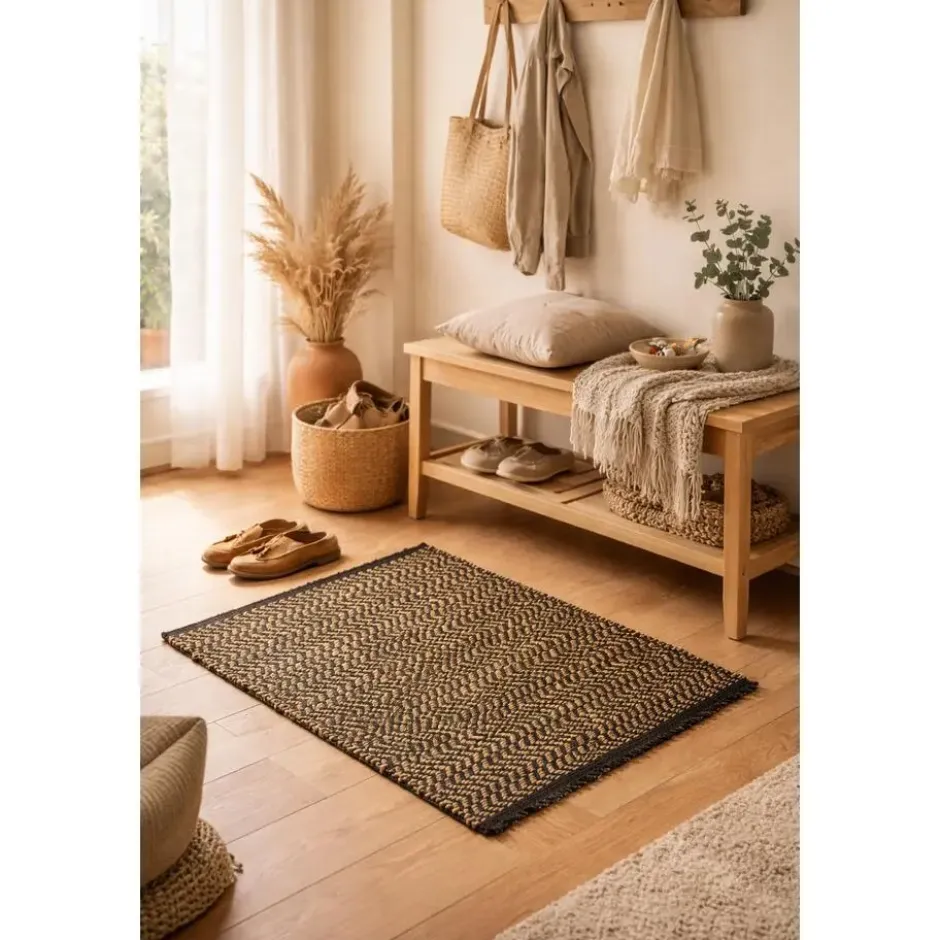 Rechthoekig katoenen tapijt met beige en zwarte motieven 90 x 60 cm