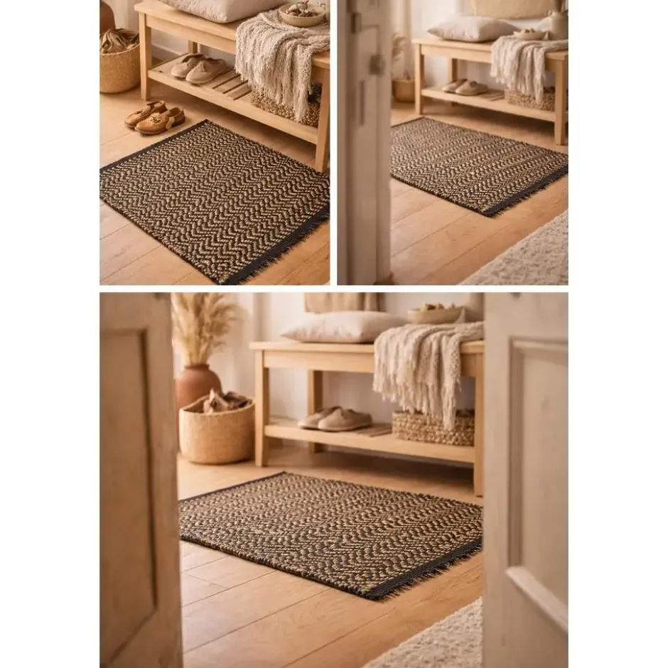 Rechthoekig katoenen tapijt met beige en zwarte motieven 90 x 60 cm