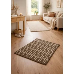 Rechthoekig katoenen tapijt met bruine en ecru motieven 90 x 60 cm