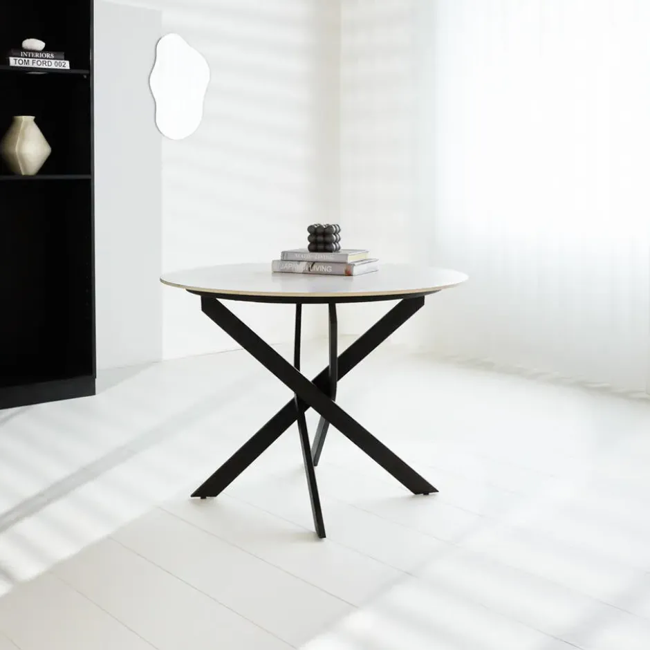 Ronde eettafel Vivian Ø150 cm marmerlook wit spinpoot - Stoneware - Wit