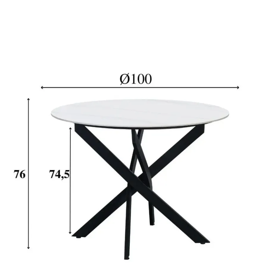 Ronde eettafel Vivian Ø150 cm marmerlook wit spinpoot - Stoneware - Wit