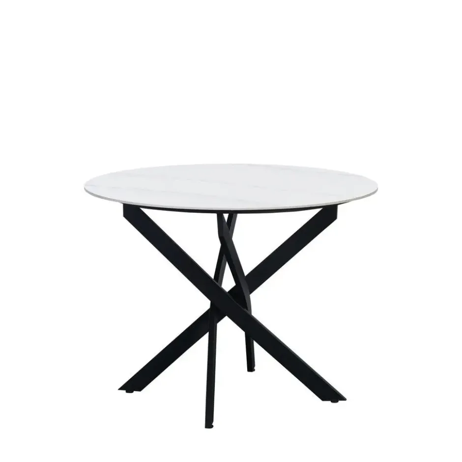 Ronde eettafel Vivian Ø150 cm marmerlook wit spinpoot - Stoneware - Wit