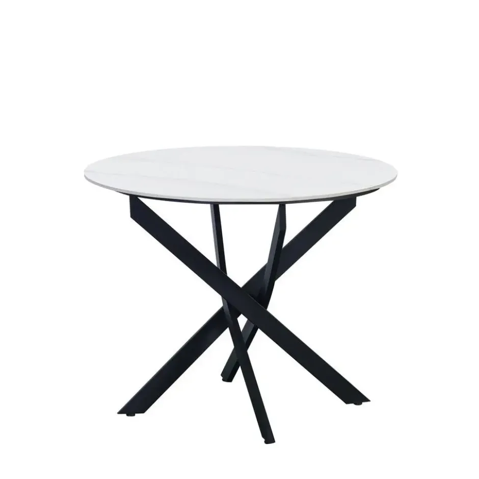 Ronde eettafel Vivian Ø150 cm marmerlook wit spinpoot - Stoneware - Wit