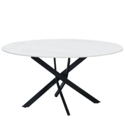 Ronde eettafel Vivian Ø150 cm marmerlook wit spinpoot - Stoneware - Wit