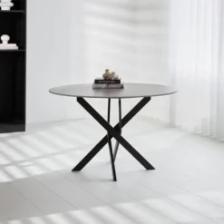 Ronde eettafel Vivian Ø110 cm marmerlook grijs spinpoot - Stoneware - Grijs