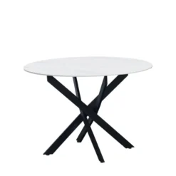 Ronde eettafel Vivian Ø110 cm marmerlook wit spinpoot - Stoneware - Wit