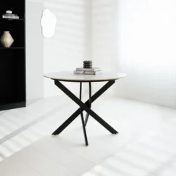 Ronde eettafel Vivian Ø110 cm marmerlook wit spinpoot - Stoneware - Wit