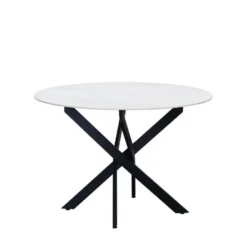 Ronde eettafel Vivian Ø110 cm marmerlook wit spinpoot - Stoneware - Wit
