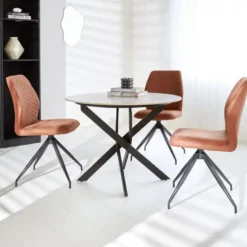 Ronde eettafel Vivian Ø100 cm marmerlook wit spinpoot - Stoneware - Wit