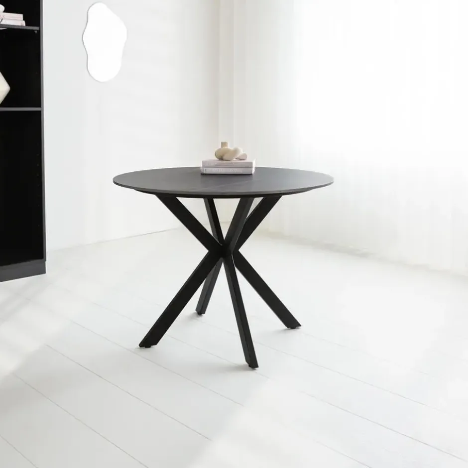 Ronde eettafel Yuna Ø100 cm marmerlook zwart - Stoneware - Zwart