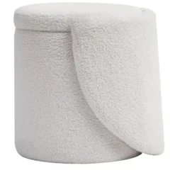 Salonpoef met rugleuning en opbergruimte in witte bouclé