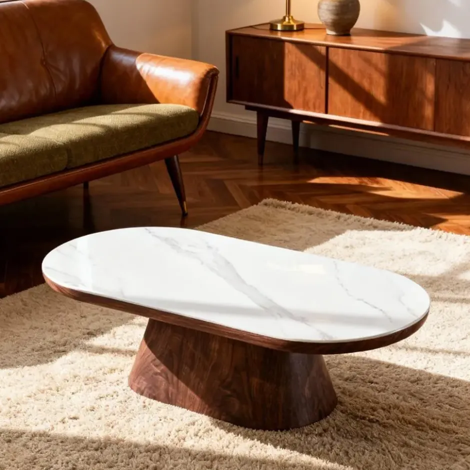 Salontafel Ovaal - Walnoot Hout/Keramisch - 120x60x38cm - Alba