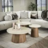 Salontafel Rond Walnoot/Travertin - 80x80x35cm - Set Van 3