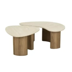 Salontafel Set van 2 - Organisch Travertin - Beige/Hout - Organic