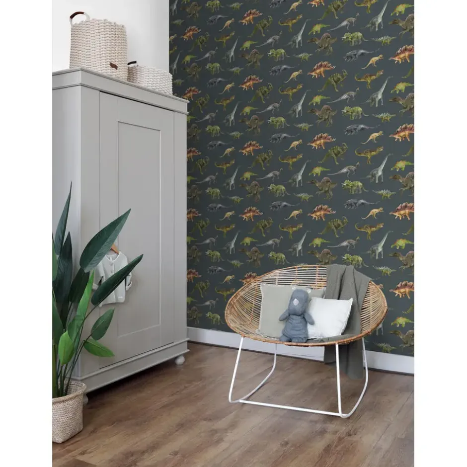 Sanders & Sanders behang dinosaurussen donkerblauw en groen - 50 x 900 cm
