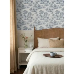 Sanders & Sanders behang toile de jouy print blauw - 53 cm x 10 m