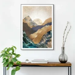 Schilderij Abstracte zonsopkomst - 70 x 50 - Blauw