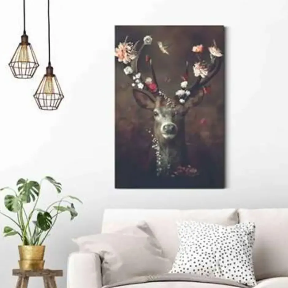 Schilderij Bloemenhert - 90 x 60 - Bruin
