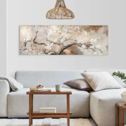 Schilderij Boom in bloei - 52 x 156 - Beige