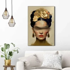 Schilderij Frida in oker - 90 x 60 - Goudkleurig