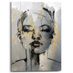 Schilderij Gezicht - 70 x 50 - Goudkleurig