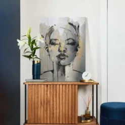 Schilderij Gezicht - 70 x 50 - Goudkleurig