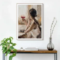 Schilderij Glas Wijn - 70 x 50 - Beige