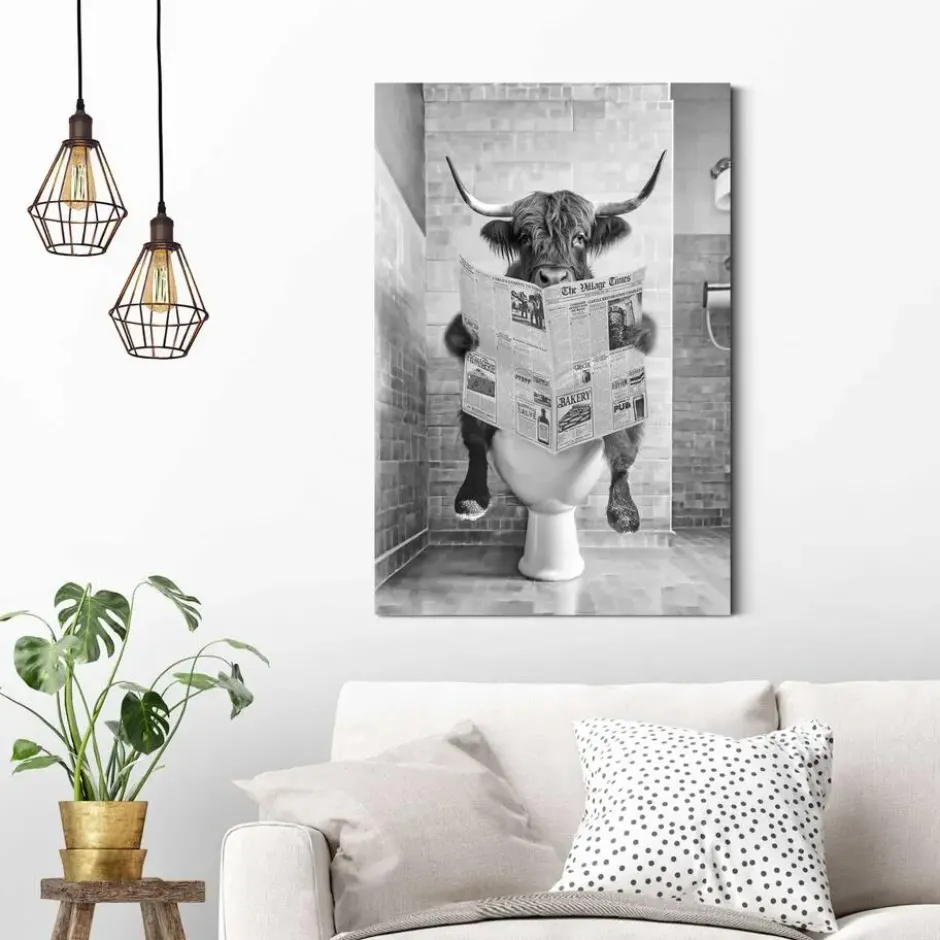 Schilderij Highlander Toilet - 90 x 60 - Zwart-Wit