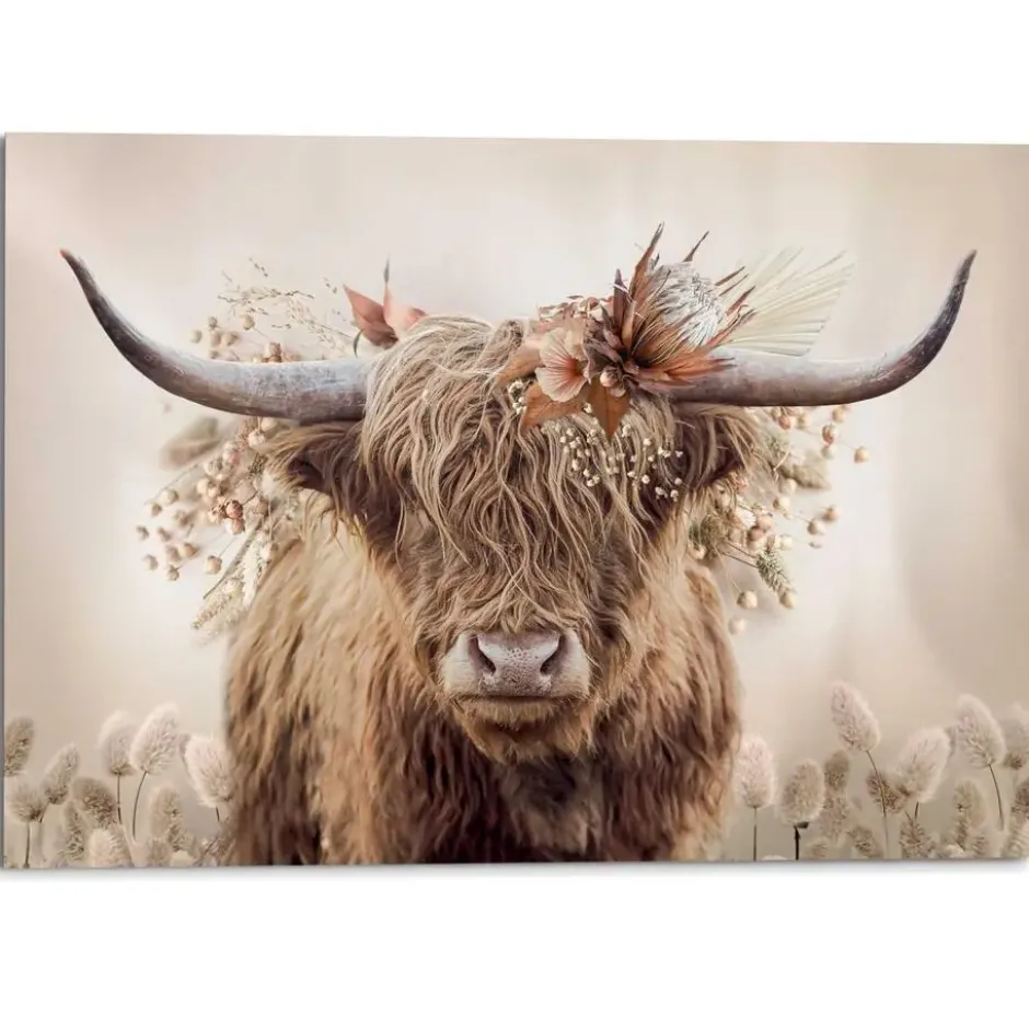 Schilderij Hooglander in bloemen - 100 x 140 - Beige