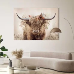 Schilderij Hooglander in bloemen - 100 x 140 - Beige