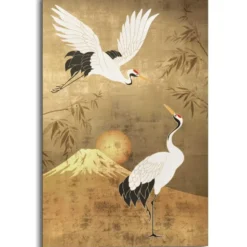 Schilderij Kraanvogels - 90 x 60 - Goudkleurig