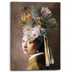 Schilderij Vermeer - Bloemenmeisje met de Parel - 70 x 50 - Bont