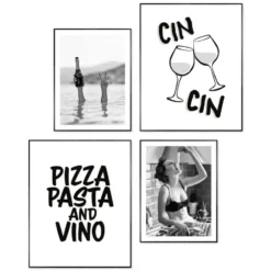 Set poster met lijst - Pizza, pasta en wijn