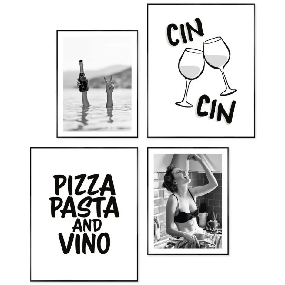 Set poster met lijst - Pizza, pasta en wijn