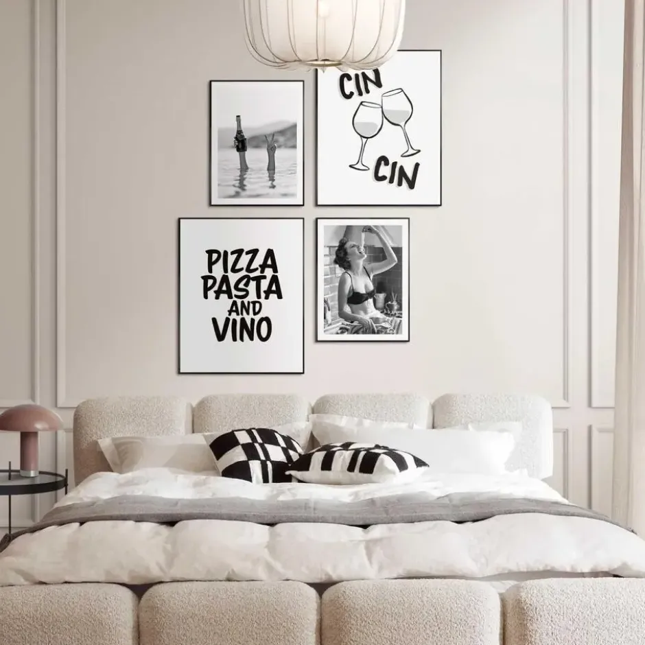 Set poster met lijst - Pizza, pasta en wijn