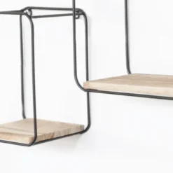 Set van 4 rechthoekige metalen wandrekjes met houten plankje - Zwart