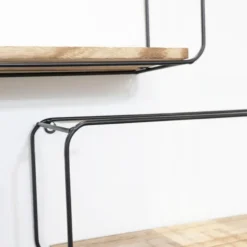 Set van 4 rechthoekige metalen wandrekjes met houten plankje - Zwart