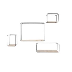 Set van 4 rechthoekige metalen wandrekjes met houten plankje - Zwart