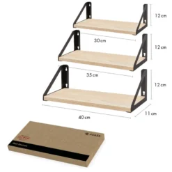 Set van 3 Wandplanken, Zwevende Boeken Planken- Licht bruin
