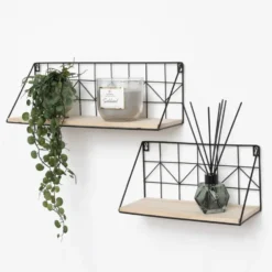 Set van 2 zwarte metalen wandrekjes met houten plankje - 30 en 45 cm