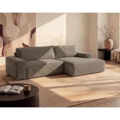 Slaapbank AMELIA - 4 plaatsen - Taupe Fluweel Stof Rechte hoek