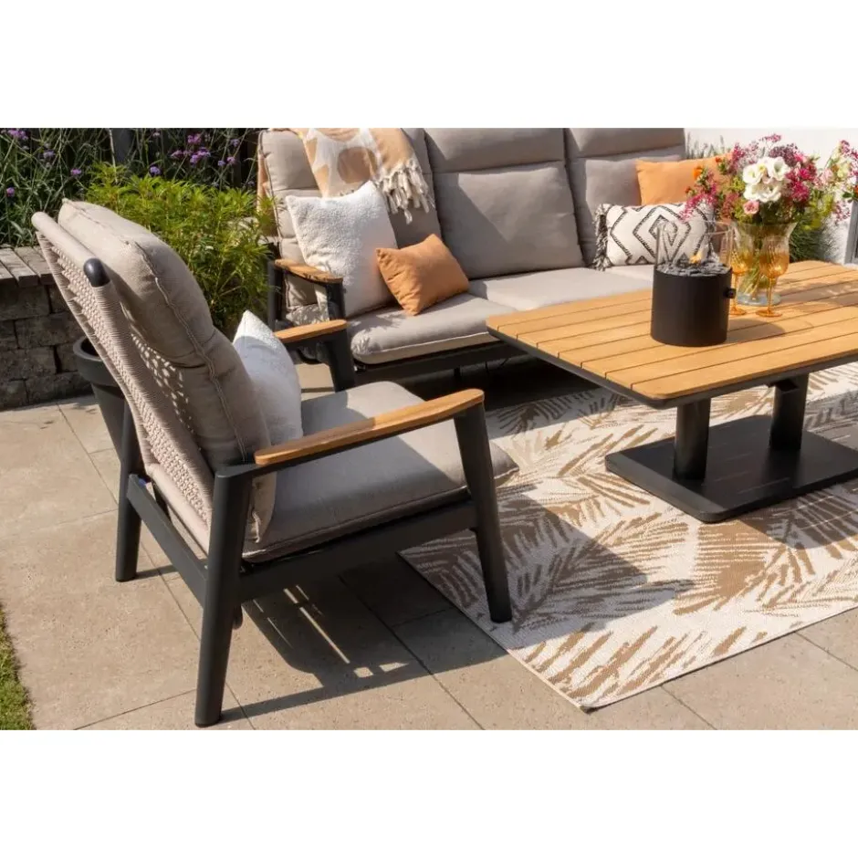 Solaro/Medina up&down verstelbare (5-pers.) stoel-bank loungeset - Zand / Teak