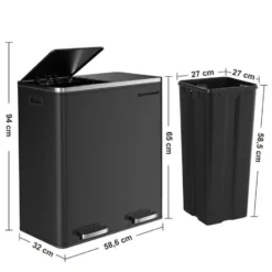 Songmics Prullenbak Met 2 Compartimenten - 2 x 30 L - Met Zwart