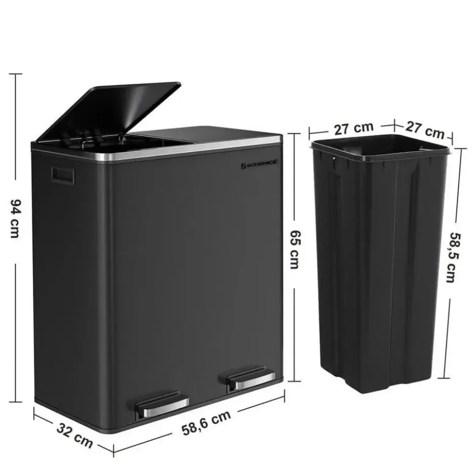 Songmics Prullenbak Met 2 Compartimenten - 2 x 30 L - Met Zwart