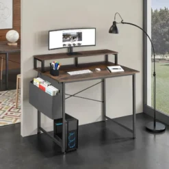 tectake Bureau met plank en organizer, Industrieel Hout Donker, Rustiek